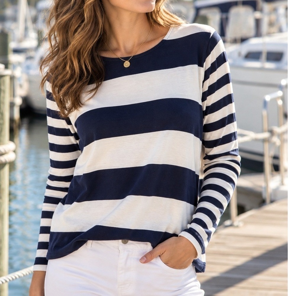 Boden Long Sleeve Top Womens 14 Blue White Good Striped Cotton Preppy Nautical